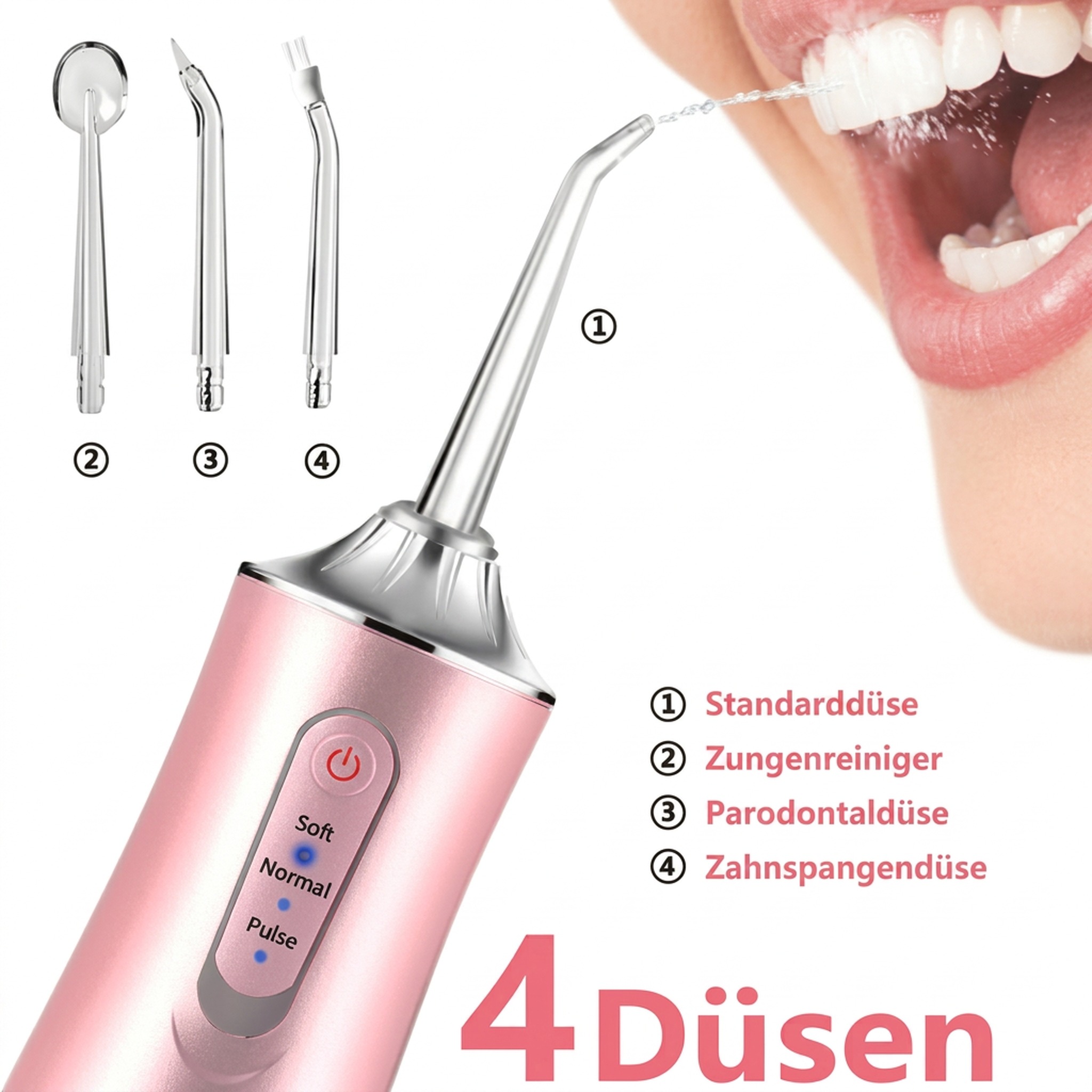 AquaFloss reinigt die Zahnzwischenräume mit 4 Düsen